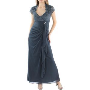 Betsy & Adam Womens Gray Sequined Ruched Evening Dress Gown Petites NWT